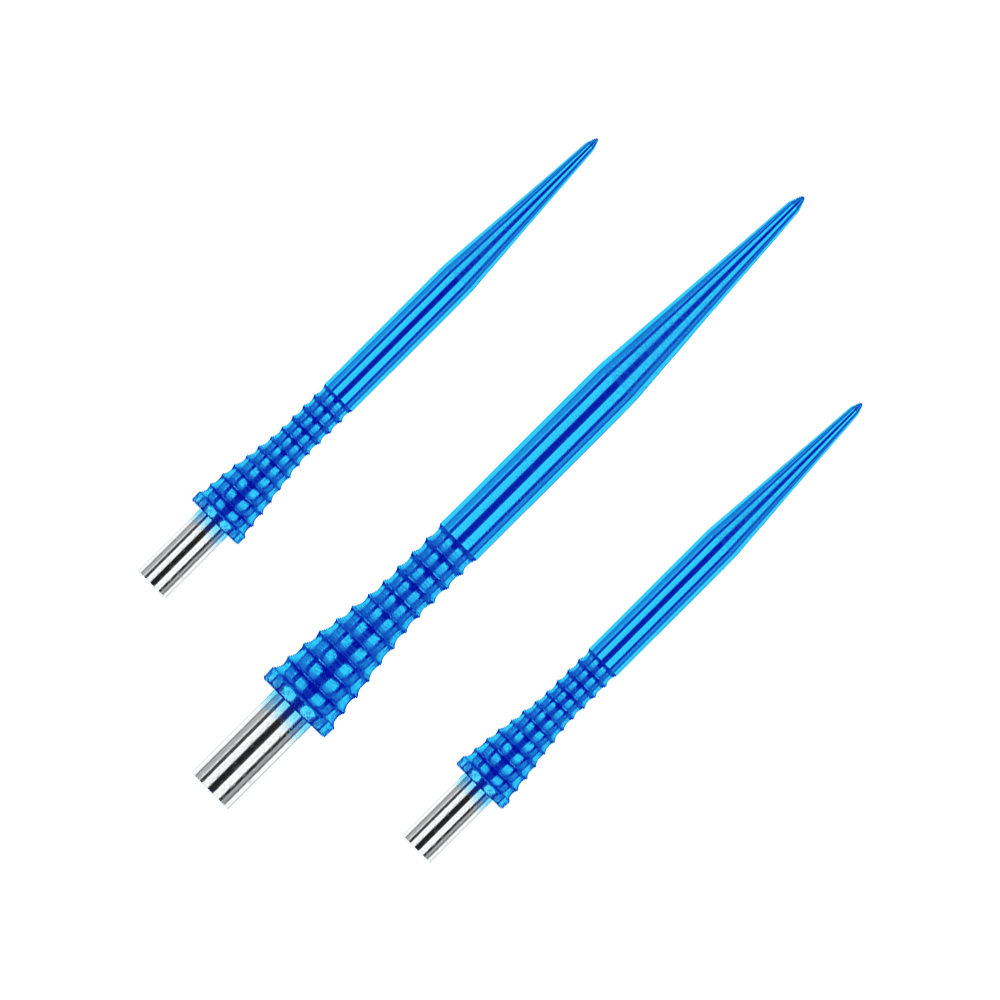 Red Dragon Raptor Gripped Blauw stalen darttips 30 mm Das Bild zeigt drei blaue Steeldartspitzen des Produkts "Red Dragon Raptor Gripped" mit einer Länge von 30 mm. Die Spitzen haben ein geriffeltes Griffdesign und silberne Enden.
