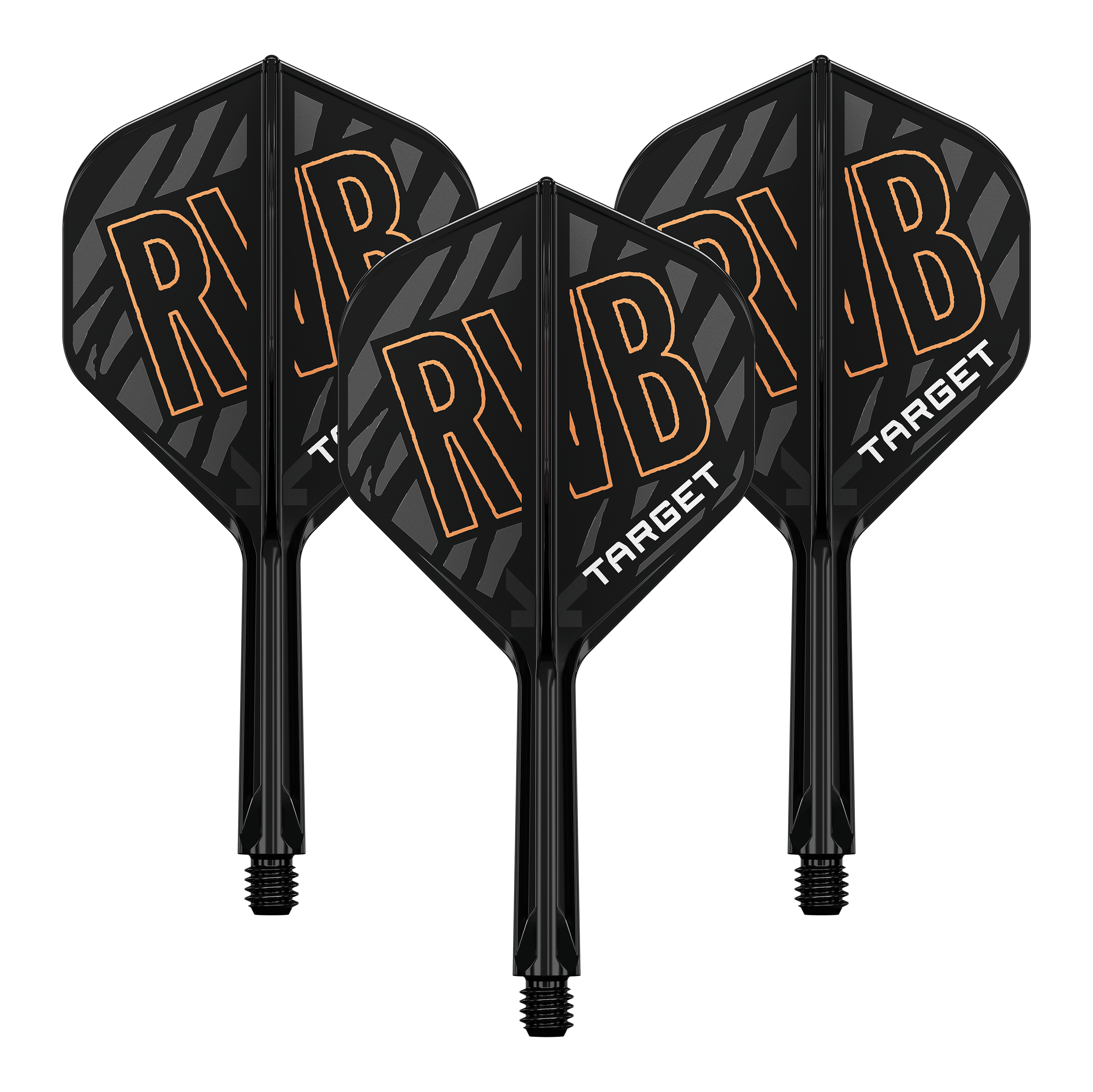 Auf dem Bild sind drei schwarze Dart-Flights mit der Aufschrift "RVB" und "TARGET" zu sehen. Die Flights haben ein schwarzes, gestreiftes Design mit orangefarbenen Buchstaben.