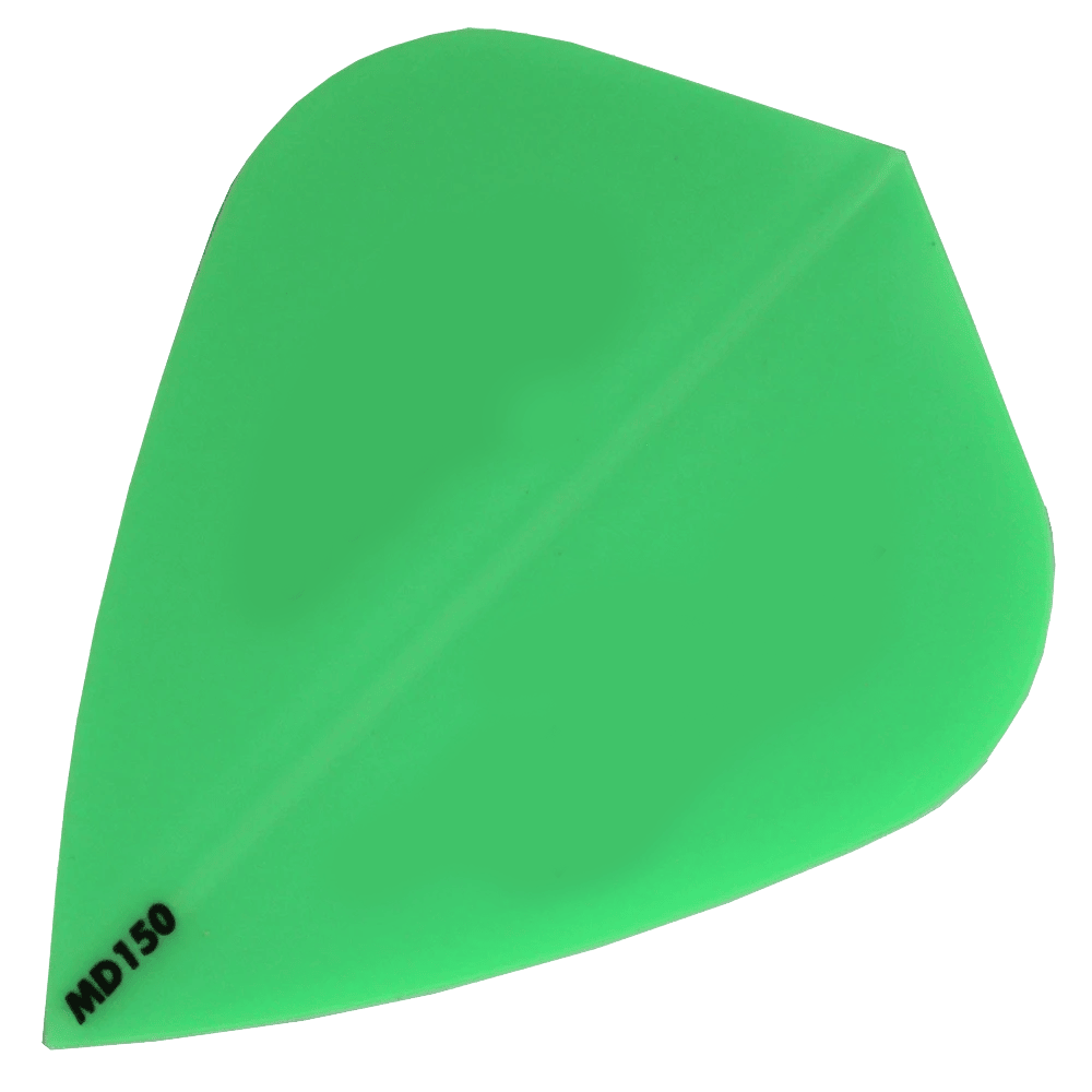 MD150-Kite-Gr-n Das Bild zeigt das Produkt "McDart MD150 - Kite Flight". Es handelt sich um ein grünes Dart-Flight mit der Aufschrift "MD150" in der unteren Ecke.