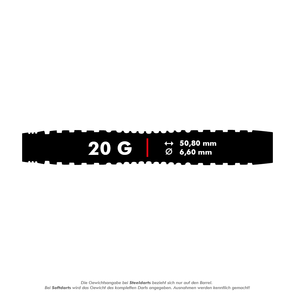 Winmau Joe Cullen Rockstar Series RS1 Zachte Darts - 20g Das Bild zeigt die technischen Daten der Winmau Joe Cullen Rockstar Series RS1 Softdarts mit 20 Gramm Gewicht. Die Darts haben eine Länge von 50,80 mm und einen Durchmesser von 6,60 mm.