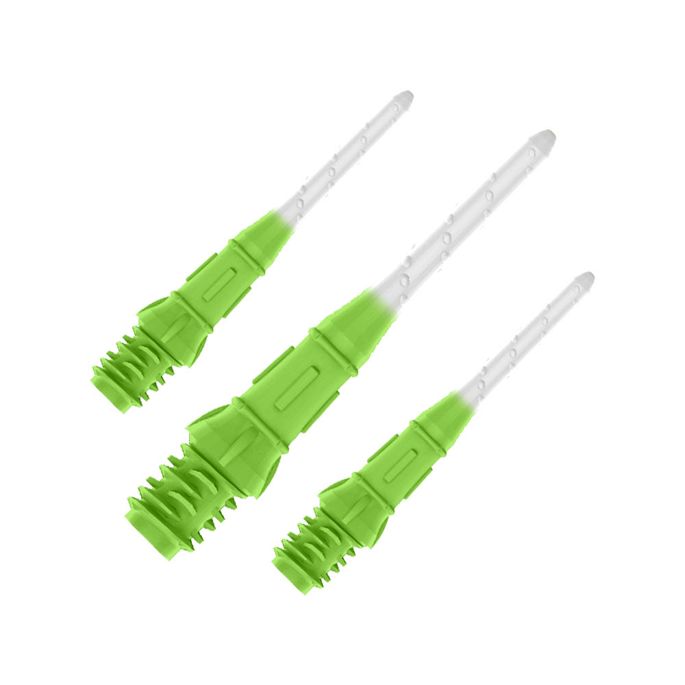 L-Style Premium Two Tone Lippoints (verpakking van 30) Das Bild zeigt drei grün-weiße Spitzen für Softdartpfeile. Die Spitzen haben eine geriffelte Struktur im unteren Bereich und verlaufen nach oben hin transparent.