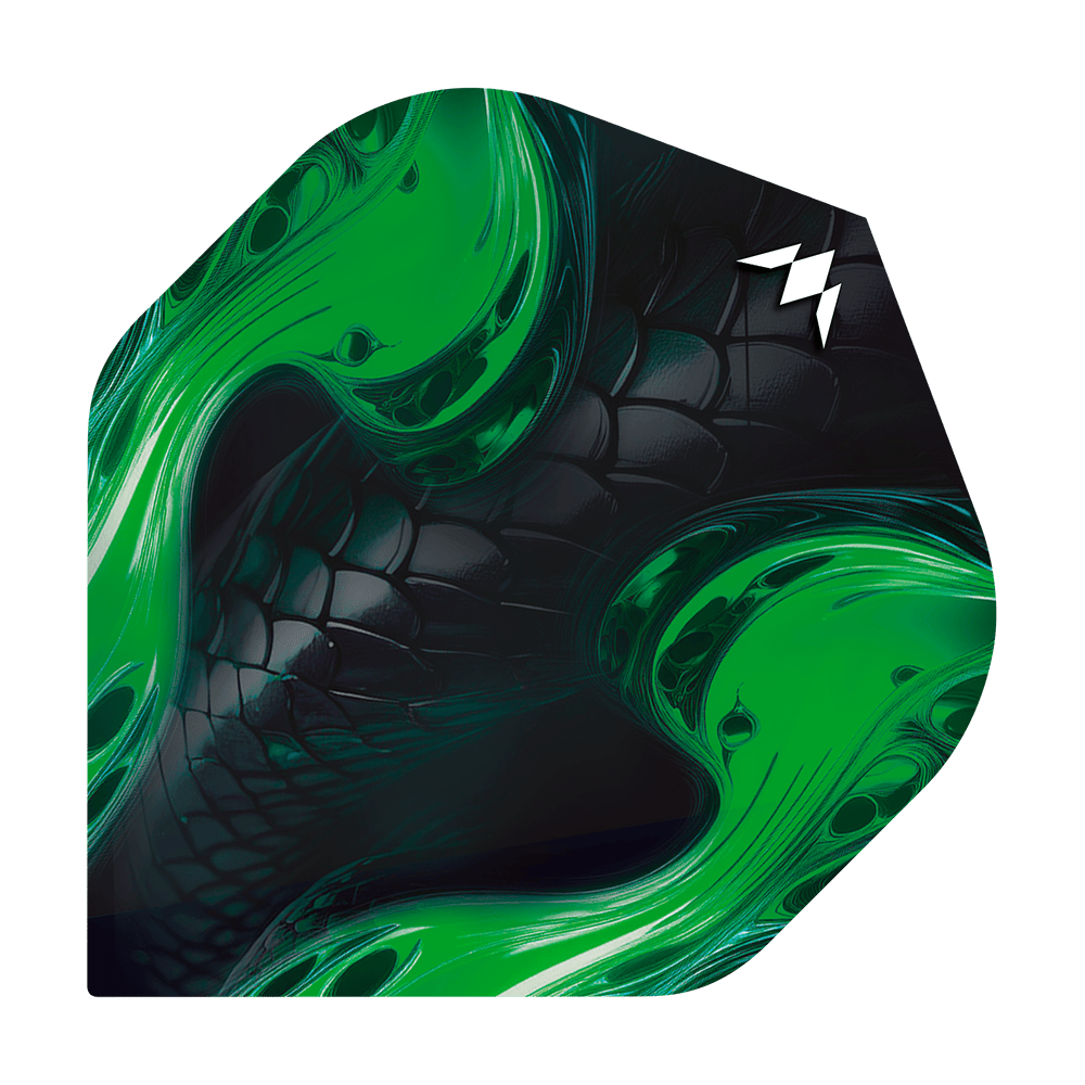 Mission Solo Venom No2 Standaardvluchten Das Bild zeigt ein Dartflight mit schwarzem, schuppigem Muster und leuchtend grünen Akzenten. In der oberen rechten Ecke befindet sich ein weißes Logo.