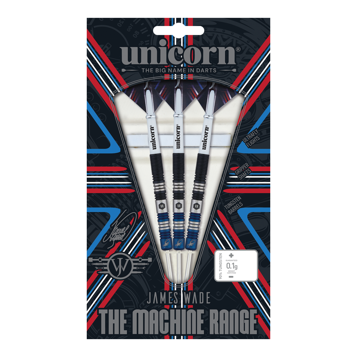 Unicorn The Machine James Wade Two-Tone Steel Darts Das Bild zeigt eine Packung mit drei Steeldarts der Marke Unicorn aus der "The Machine Range" von James Wade. Die Verpackung ist bunt gestaltet und hebt die Merkmale der Darts wie die Tungsten-Barrels und die spezielle Griffigkeit hervor.