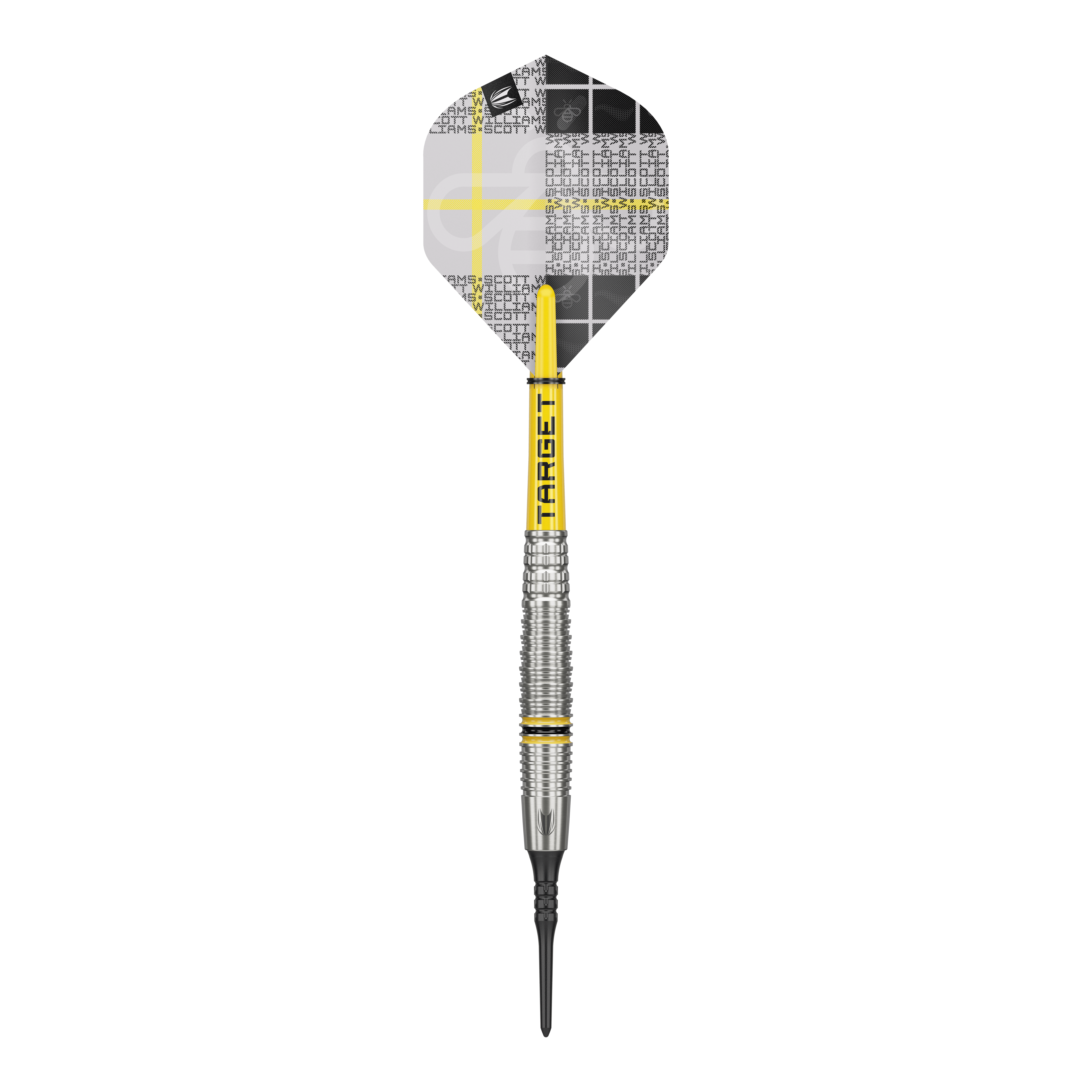 Target Scott Williams GEN2 zachte darts - 18g Das Bild zeigt einen Target Scott Williams GEN2 Softdart mit einem Gewicht von 18g. Der Dart hat gelbe Akzente und ein modernes, silberfarbenes Barrel-Design.