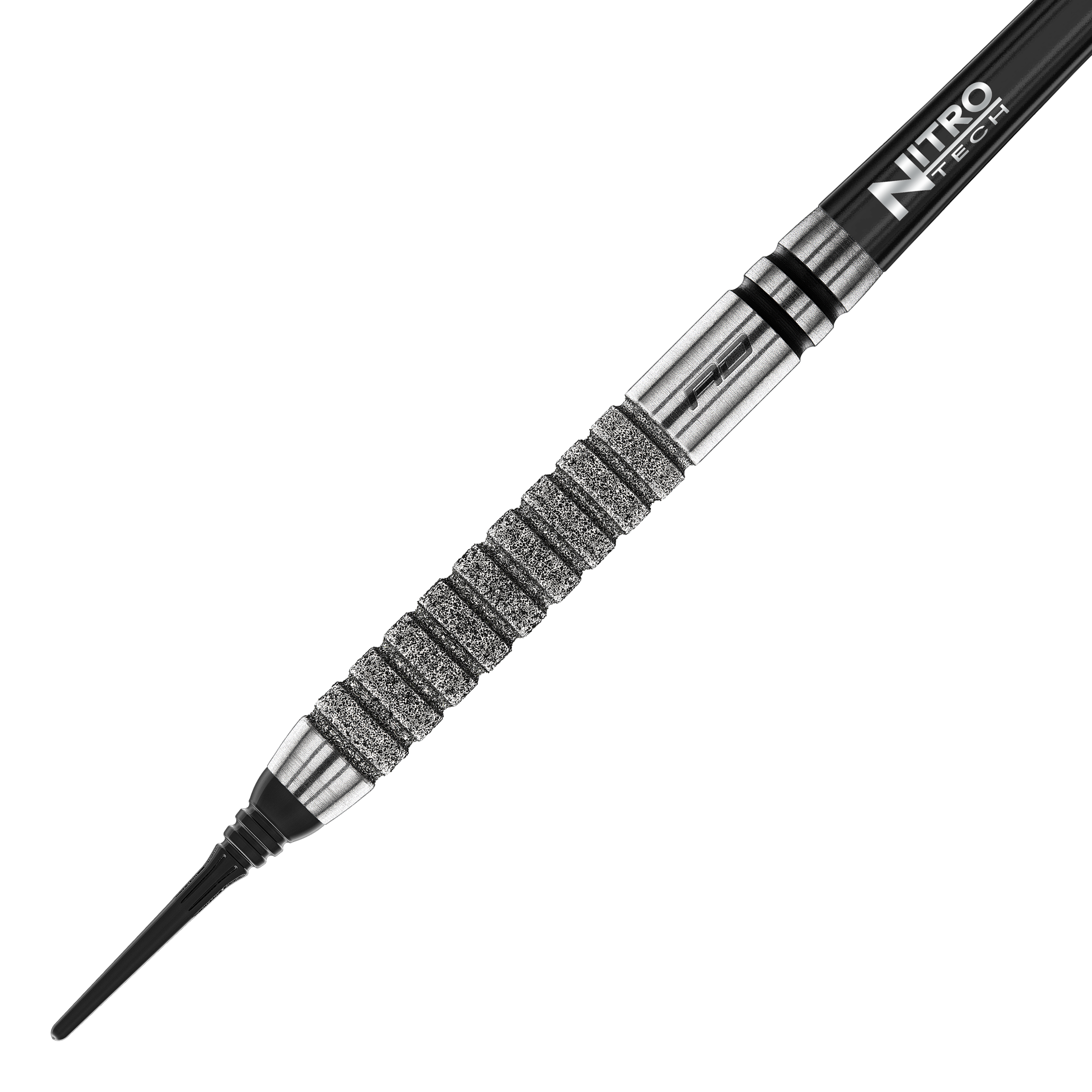 Red Dragon Gian Van Veen Tour Edition Softdarts - 20g Das Bild zeigt einen Red Dragon Gian Van Veen Tour Edition Softdart mit einem Gewicht von 20g. Der Dartpfeil hat eine silberne, stark gerillte Griffzone und einen schwarzen Schaft mit der Aufschrift "Nitro Tech".