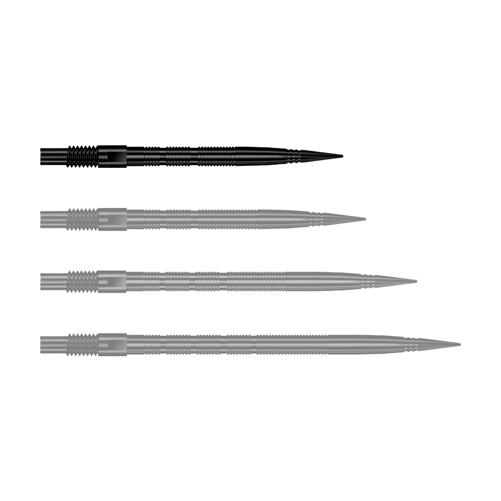 Harrows Quick Point Micro Ridge Dart Tips - Zwart Zu sehen ist eine einzelne schwarze Dartspitze mit Rillenmuster. Dieses Produkt ist als Ersatzspitze für Dartpfeile gedacht.