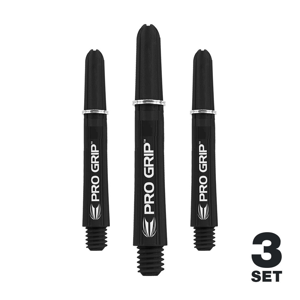 Target Pro Grip Shafts - 3 sets - Zwart Das Bild zeigt drei schwarze Dart-Schäfte mit der Aufschrift "PRO GRIP". In der rechten unteren Ecke steht "3 SET".