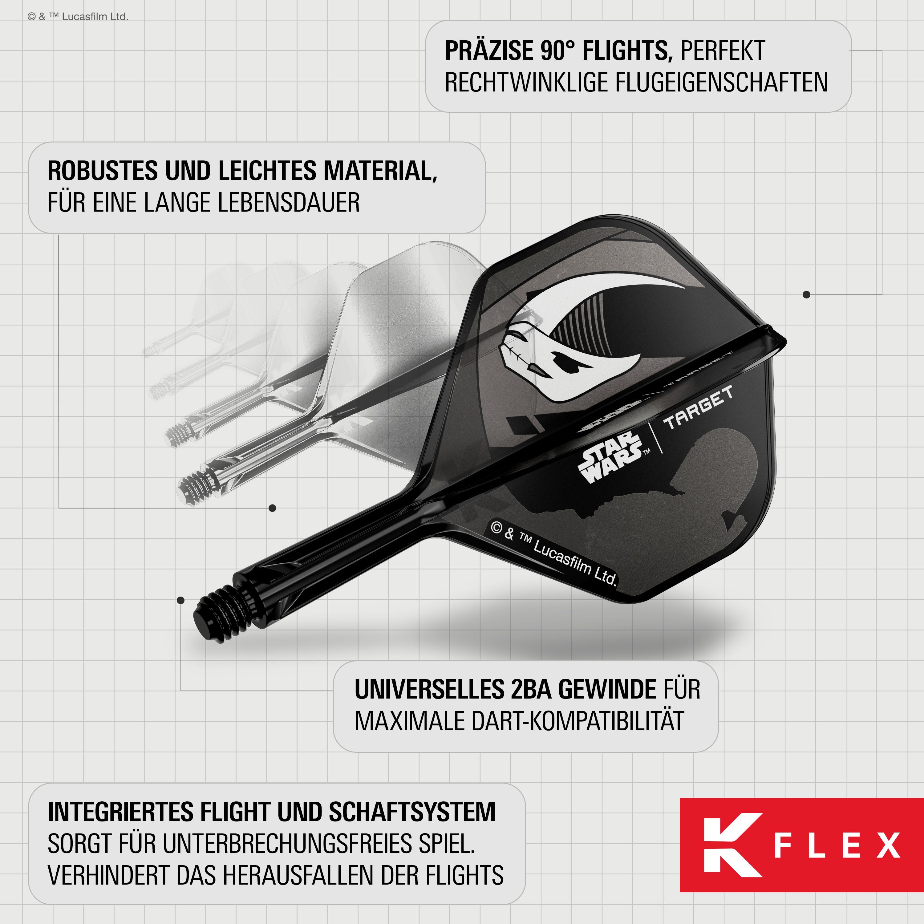 Target Star Wars K-Flex Set Mandalorian nr. 6 Flights Abgebildet ist das Target Star Wars K-Flex-Set Mandalorian No2 Standard Flights. Die Flights sind im Mandalorian-Stil gestaltet und eignen sich für Star Wars Fans.