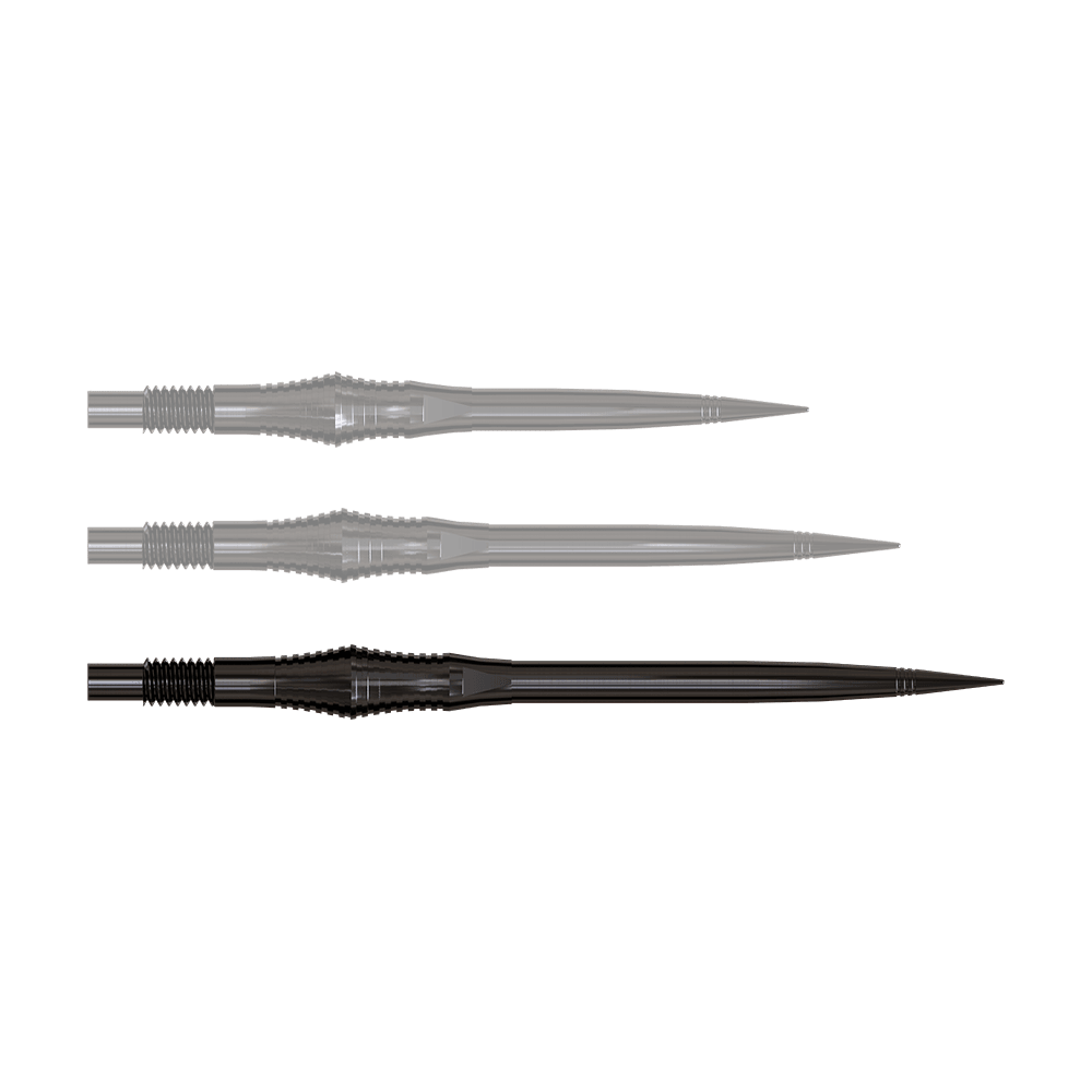 Dartspitzen der Spire Black Elite Serie in 40mm Länge werden gezeigt. Sie sind dunkel und lang.