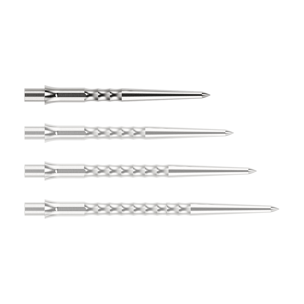 Abgebildet ist eine silberne Steeldartspitze des Typs Ripple NoLip mit 28mm Länge. Die Spitze liegt frontal auf einer hellen Fläche.