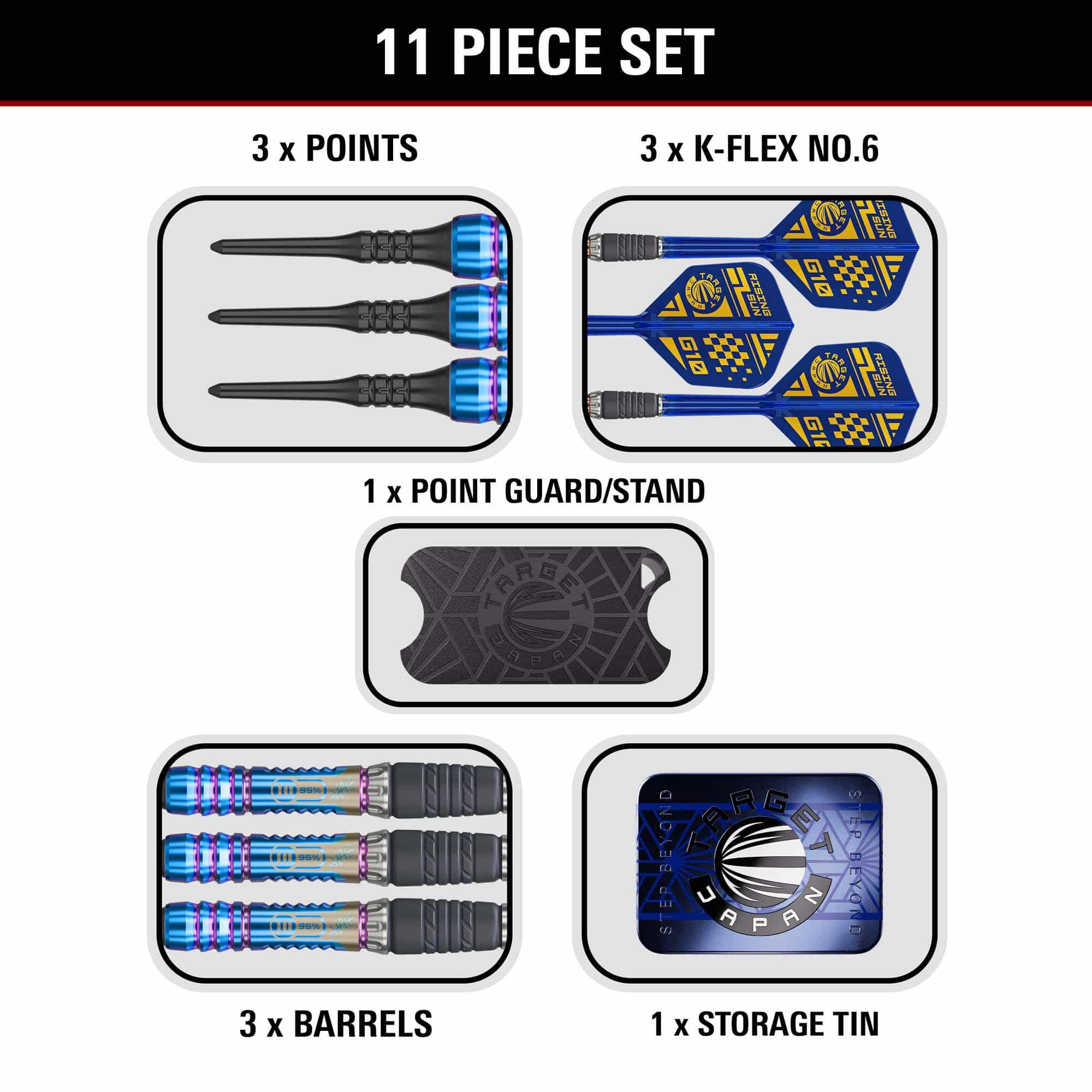 Target Japan Rising Sun GEN10 zachte darts - 21,5 g Das Produkt Target Japan Rising Sun GEN10 Softdarts - 21,5g wird dargestellt. Es handelt sich um ein Set professioneller Softdarts.