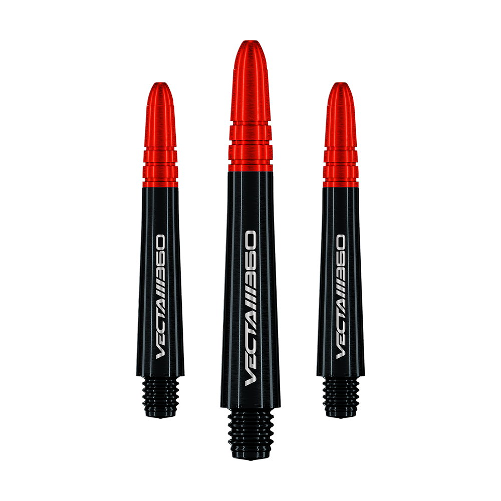 Zu sehen ist ein Satz Winmau Vecta Blade360 Shafts in Schwarz mit 40 mm Länge. Die Shafts sind nebeneinander aufgestellt.