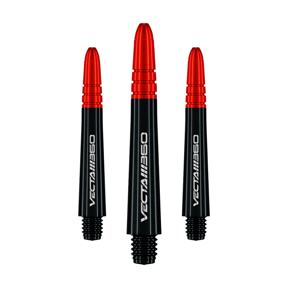 Winmau Vecta Blade 360 shafts - zwart Zu sehen ist ein Satz Winmau Vecta Blade360 Shafts in Schwarz mit 40 mm Länge. Die Shafts sind nebeneinander aufgestellt.