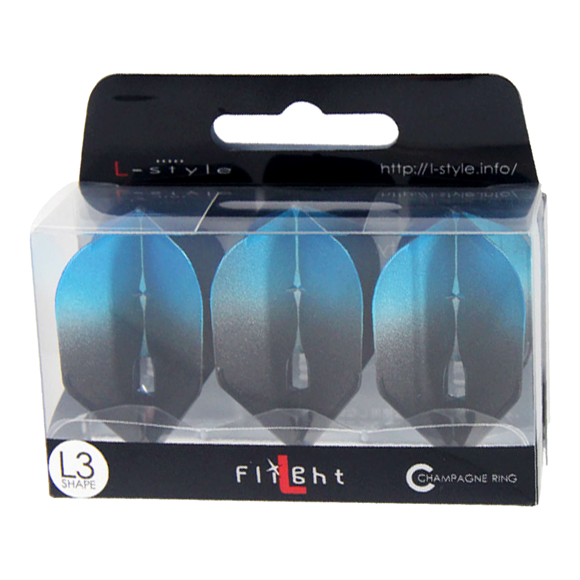 L-Style Two Tone L3PRO-vluchten Die Verpackung zeigt drei blaue Dartflights der Marke L-style. Auf der Schachtel steht "L3 Shape" und "Champagne Ring".