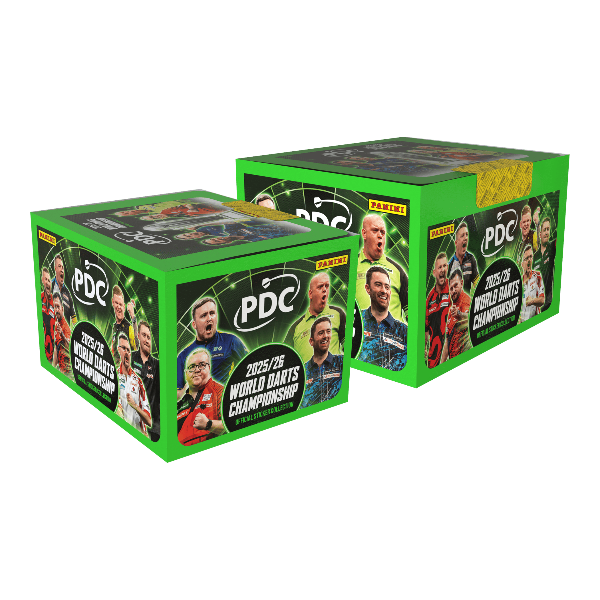 Panini PDC World Darts Championship 2025/26 - Hardcover Mega Bundle met twee stickerdozen Das Bild stellt das Panini PDC World Darts Championship 2025/26 Hardcover Mega Bundle mit zwei Stickerboxen dar. Es bietet ein Hardcover-Sammelalbum und zwei Stickerboxen zum Sammeln.