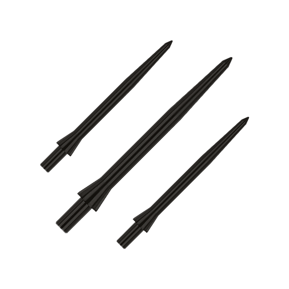 Red Dragon Raptor Plain Black stalen dartpunten - 30 mm Das Bild zeigt drei schwarze Steeldartspitzen der Marke Red Dragon Raptor in 28 mm Länge. Die Spitzen sind schlicht und haben ein glattes Design.