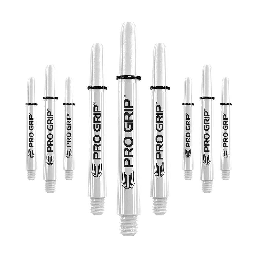 Target Pro Grip Shafts - 3 sets - Wit Das Bild zeigt mehrere weiße Dartschäfte mit der Aufschrift "PRO GRIP". Sie sind in drei Reihen angeordnet und haben schwarze Ringe an der Oberseite.