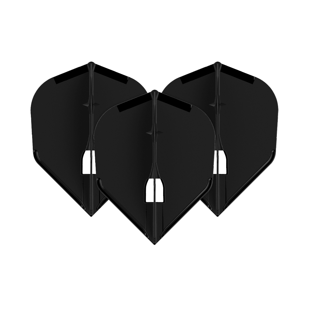 L-Style Champagne L3PRO Shape Flights Auf dem Bild sind drei schwarze Dartflights zu sehen. Sie haben eine klassische, abgeflachte Form und stehen nebeneinander.