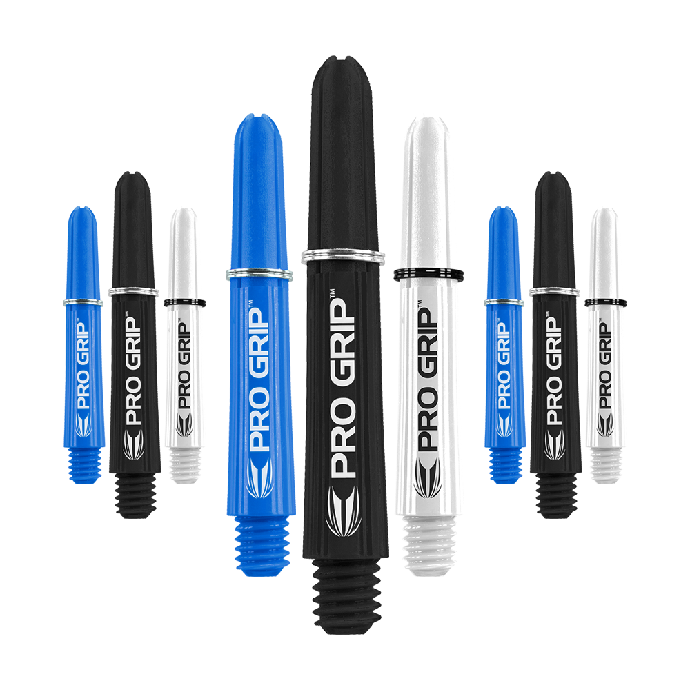 Das Bild zeigt neun Dartschäfte in den Farben Blau, Schwarz und Weiß mit der Aufschrift "PRO GRIP". Sie sind in unterschiedlichen Größen angeordnet und stehen aufrecht nebeneinander.