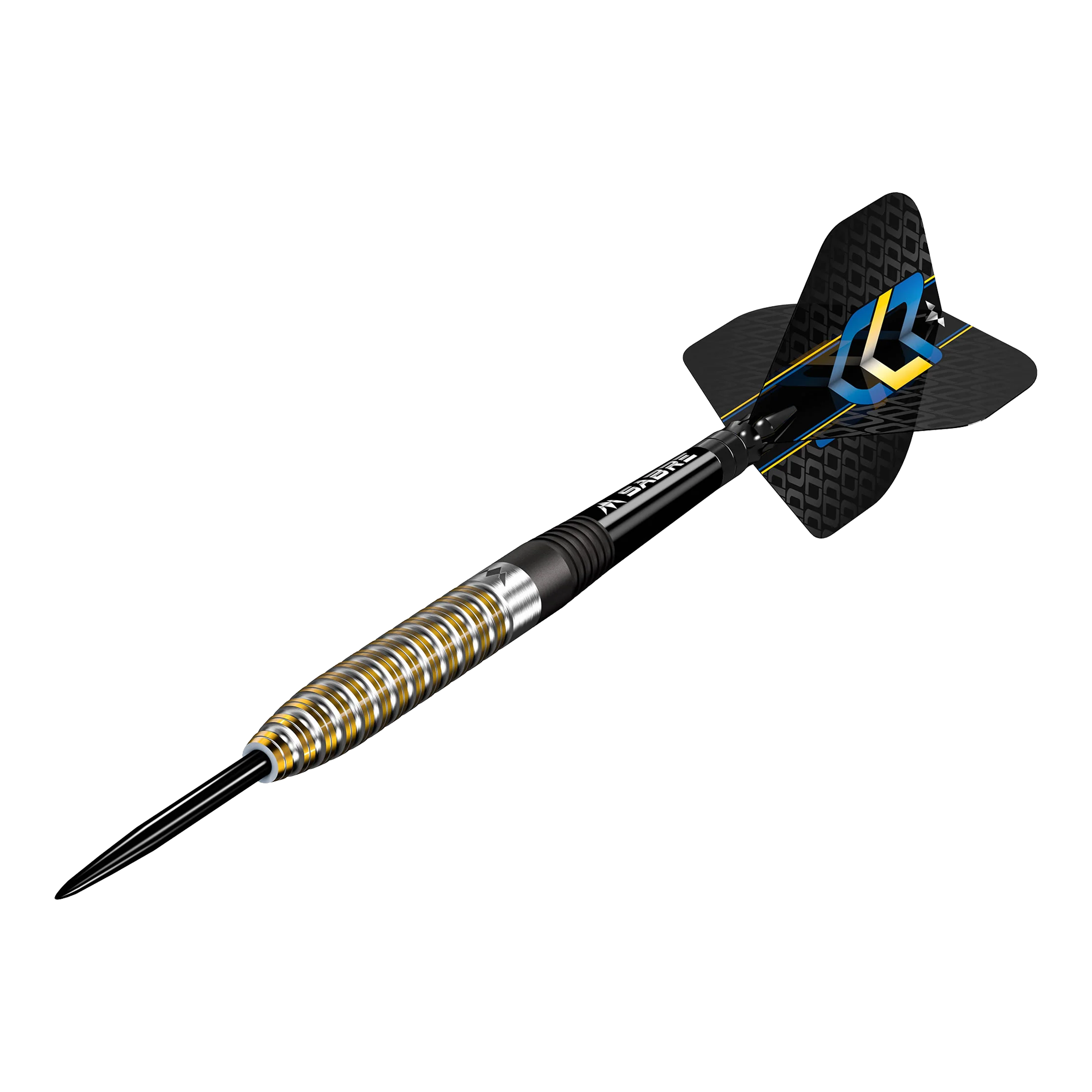 Mission Oskar Lukasiak Black Gold PVD Steeldarts - 22g Das Bild zeigt einen Steeldart, der "Mission Oskar Lukasiak Black Gold PVD Steeldarts - 22g" heißt. Der Dart hat ein schwarz-goldenes Design mit modernen Rillen und einem schwarzen Flight.