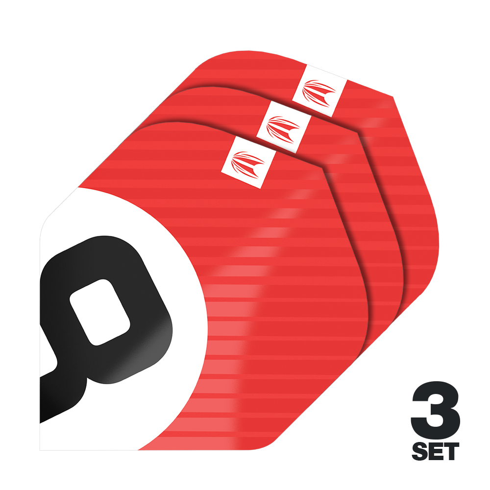 Target Pro Ultra Chicane Rood No2 Standaard vluchten - 3 sets Das Bild zeigt drei Sätze der Target Pro Ultra Chicane Red No2 Standard Flights. Die Flights sind überwiegend rot mit einem weißen und schwarzen Design und werden als 3er-Set angeboten.