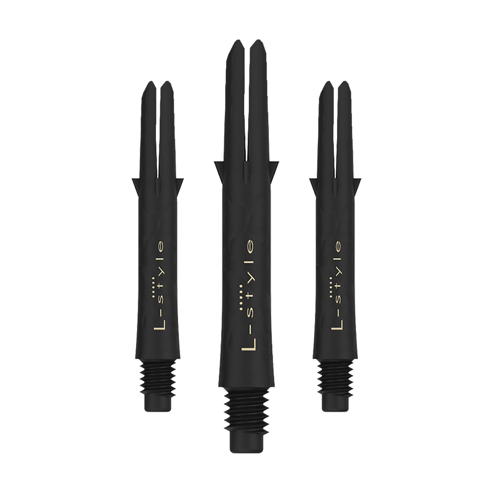 L-Style carbon schachten Das Bild zeigt drei schwarze L-Style Carbon Shafts für Darts ohne Kappen. Auf den Schäften steht in goldener Schrift das Wort "L-style".