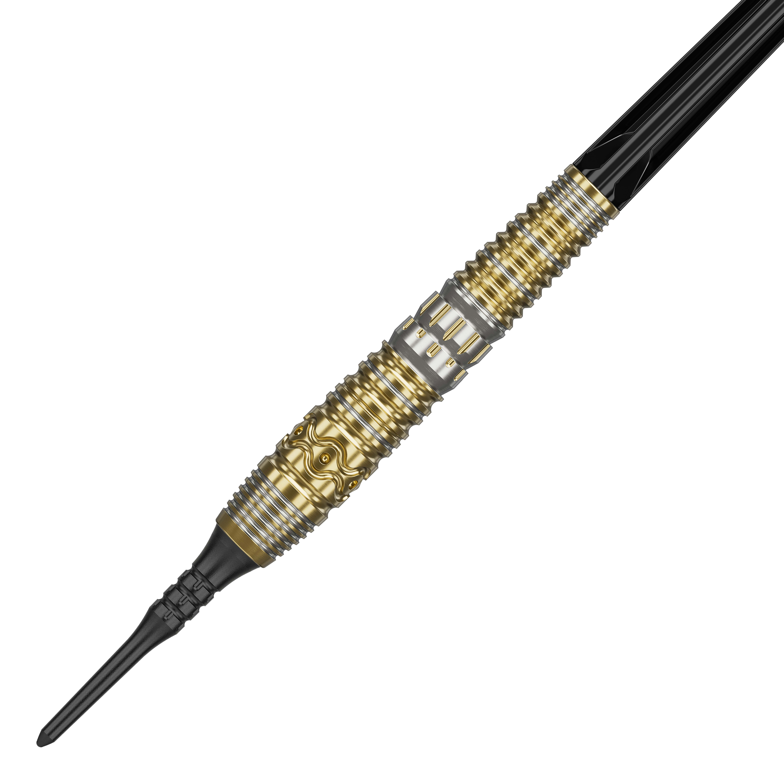 Target Japan Hot Shot GEN2 Soft Darts - 19g Das Bild zeigt einen Softdart mit dem Namen "Target Japan Hot Shot GEN2 Softdarts - 19g". Der Dart hat ein auffälliges Design in Gold und Silber mit detaillierten Gravuren am Griff.