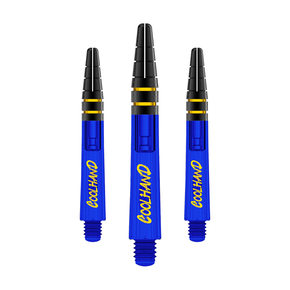 Red Dragon Nitrotech Luke Humphries Coolhand Shafts - Blauw Das Bild zeigt drei blaue Dartschäfte mit der gelben Aufschrift "COOLHAND". Die Schäfte haben schwarze und goldene Akzente am oberen Ende.