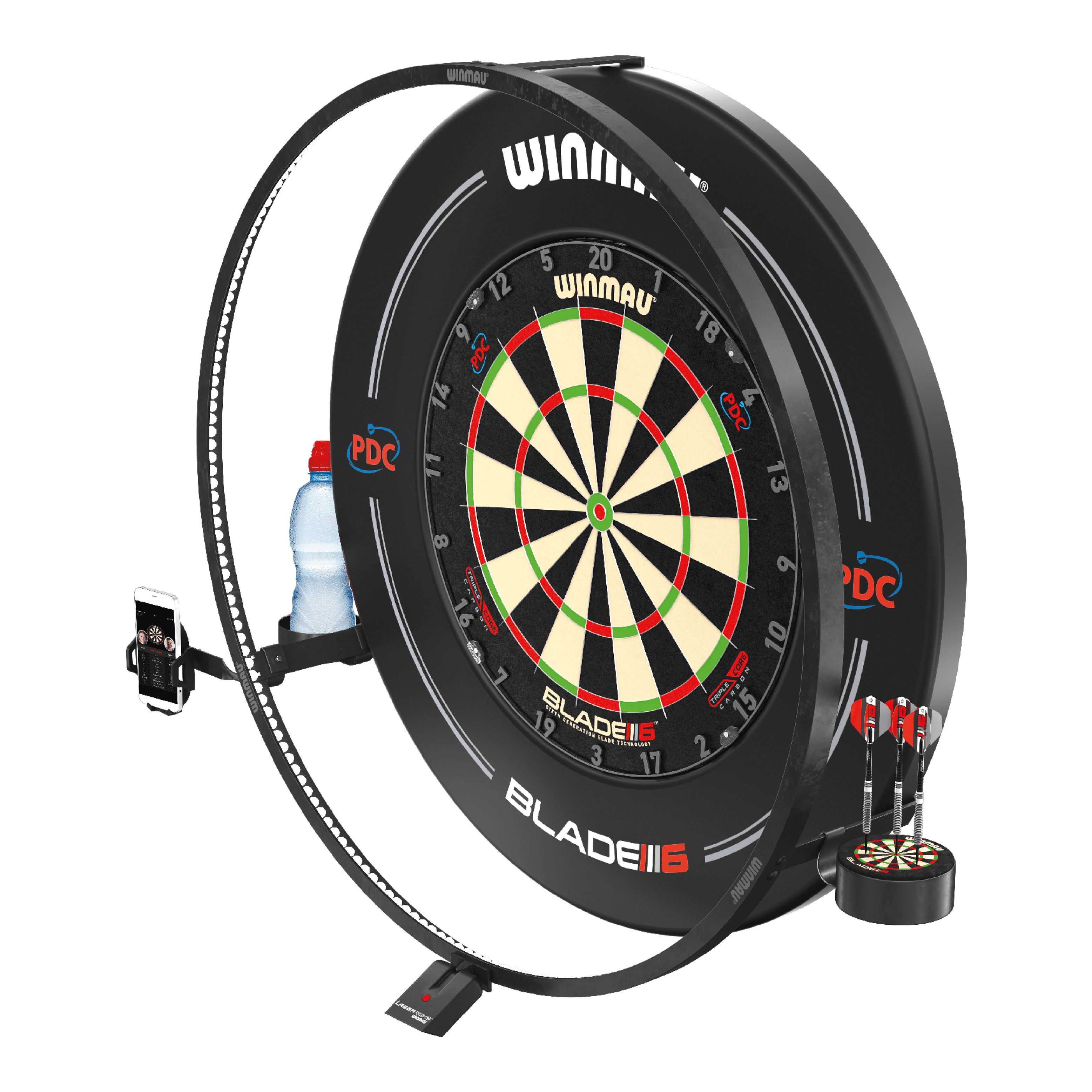 Winmau Plasma-accessoireset Das Bild zeigt das Winmau Plasma Zubehör Set rund um eine Dartscheibe. Es enthält eine LED-Beleuchtung, Halterungen für ein Handy, eine Trinkflasche und Dartpfeile.
