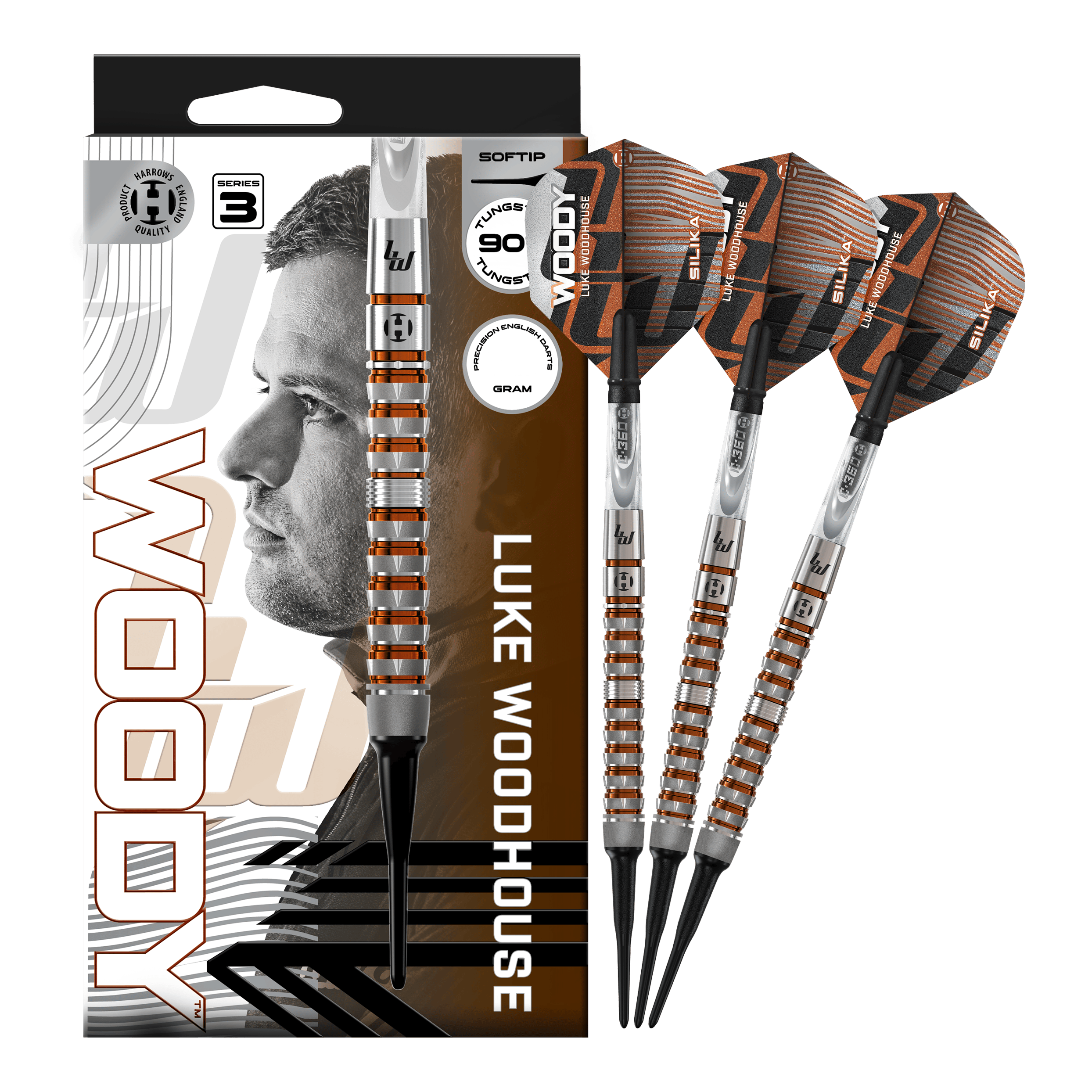 Harrow's Luke Woodhouse Series 3 Zachte Darts - 18g Abbildung der Harrows Luke Woodhouse Series 3 Softdarts - 18g. Die Darts werden vollständig dargestellt.