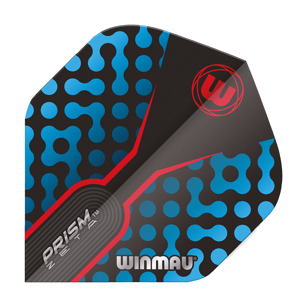 6915-307_Winmau_Prism_Zeta_BlueRed_Standard_Flights_19oCWTE0DNUMYs Dies ist ein Winmau Prism Zeta BlueRed Standard Flight für Dartpfeile. Das Design zeigt blaue Muster auf schwarzem Hintergrund mit roten Akzenten und dem Winmau-Logo.