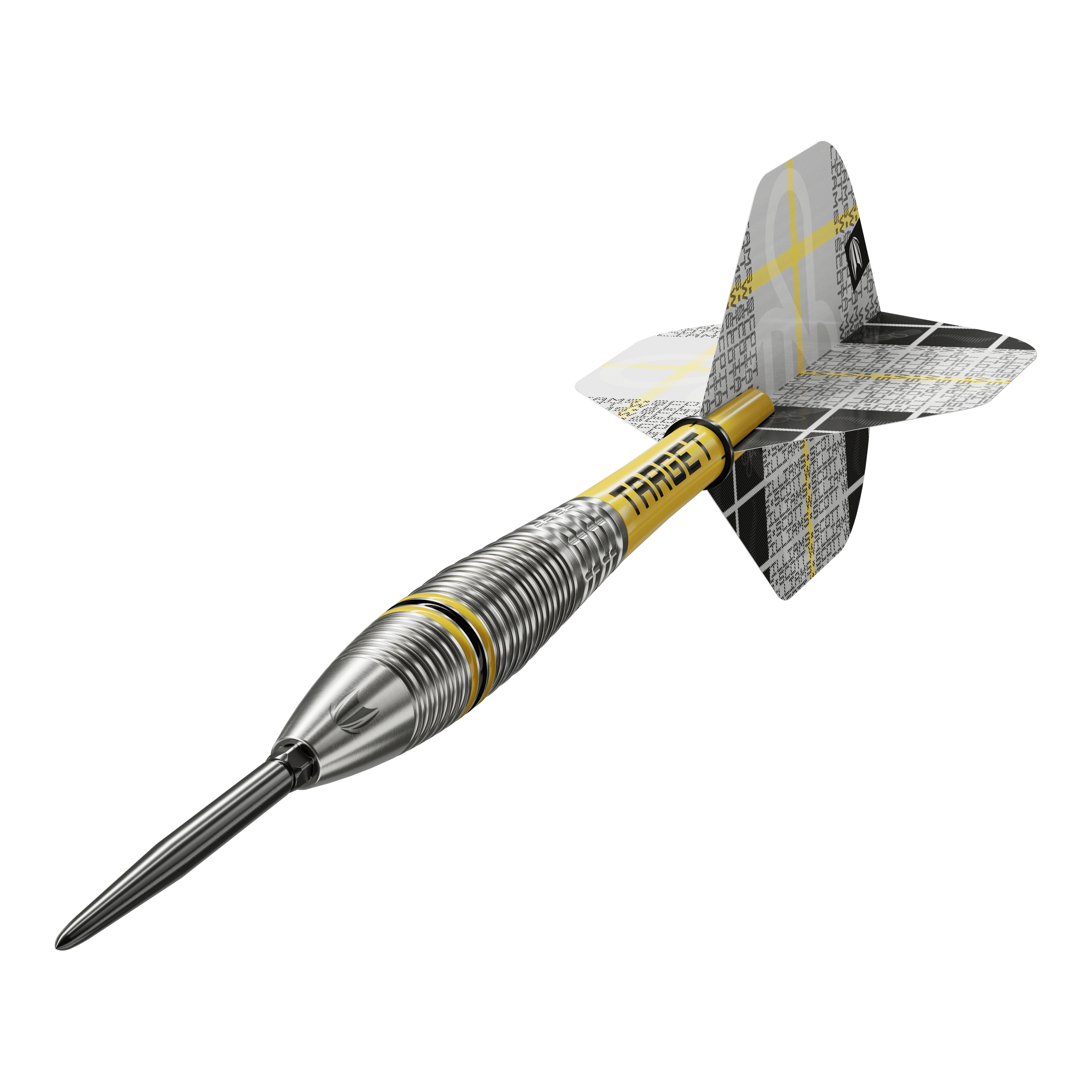 Auf dem Bild ist ein Target Scott Williams GEN2 Swiss Point Steeldart zu sehen. Der Dartpfeil hat ein silbernes, geriffeltes Barrel und gelbe Akzente sowie moderne Flights.