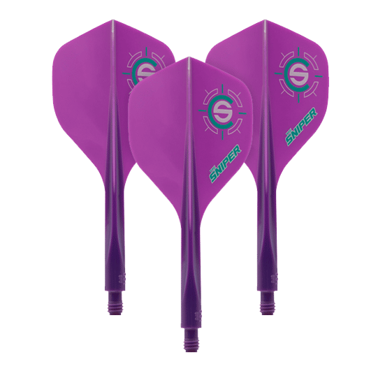 Condor Ax 120 Connor Scutt Sniper Purple Flight System - Standaard Das Bild zeigt drei lila Dartflights mit dem Aufdruck "Sniper" und einem Zielsymbol. Es handelt sich um das Produkt "Condor Axe 120 Connor Scutt Sniper Purple Flight-System - Standard".