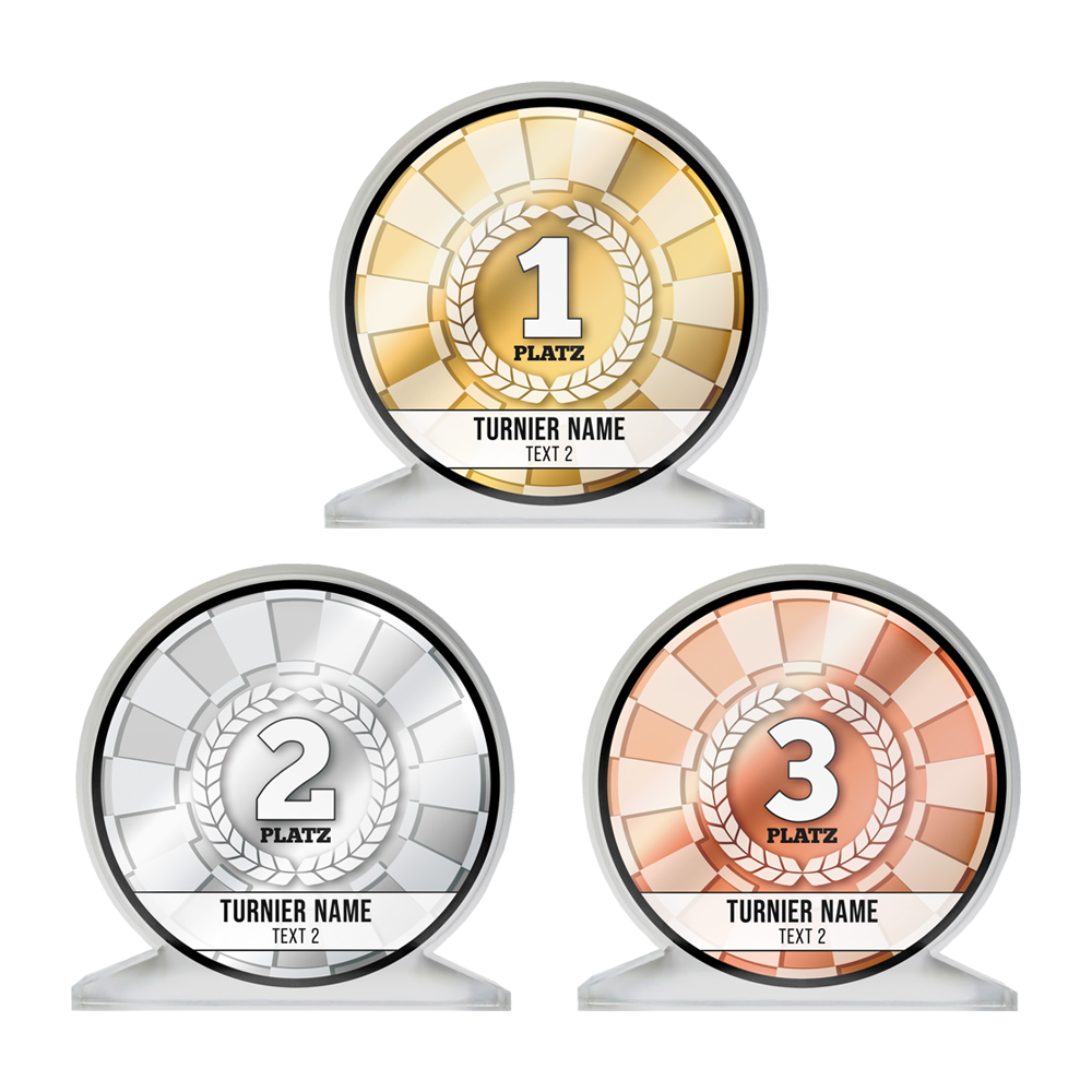 Pokal-Entwurf-Set Das Bild zeigt drei Pokale für den 1., 2. und 3. Platz in Gold, Silber und Bronze. Auf jedem Pokal steht "PLATZ" und darunter "TURNIER NAME" sowie "TEXT 2".