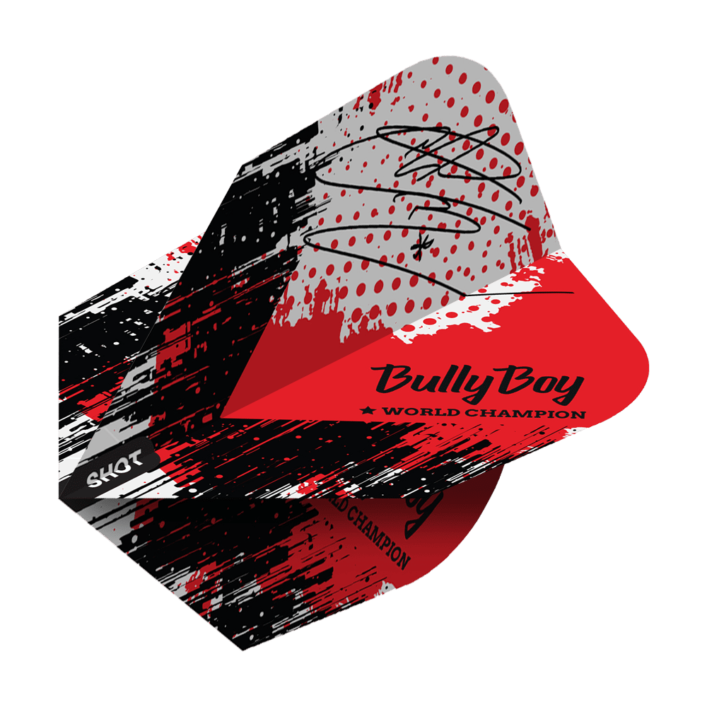 Schot Michael Smith Bully Boy Game Day No6 Vluchten Das Bild zeigt die "Shot Michael Smith Bully Boy Game Day No6 Flights" mit einem rot-schwarzen Design und Unterschrift. Auf dem Flight steht "Bully Boy World Champion" und das Shot-Logo ist sichtbar.
