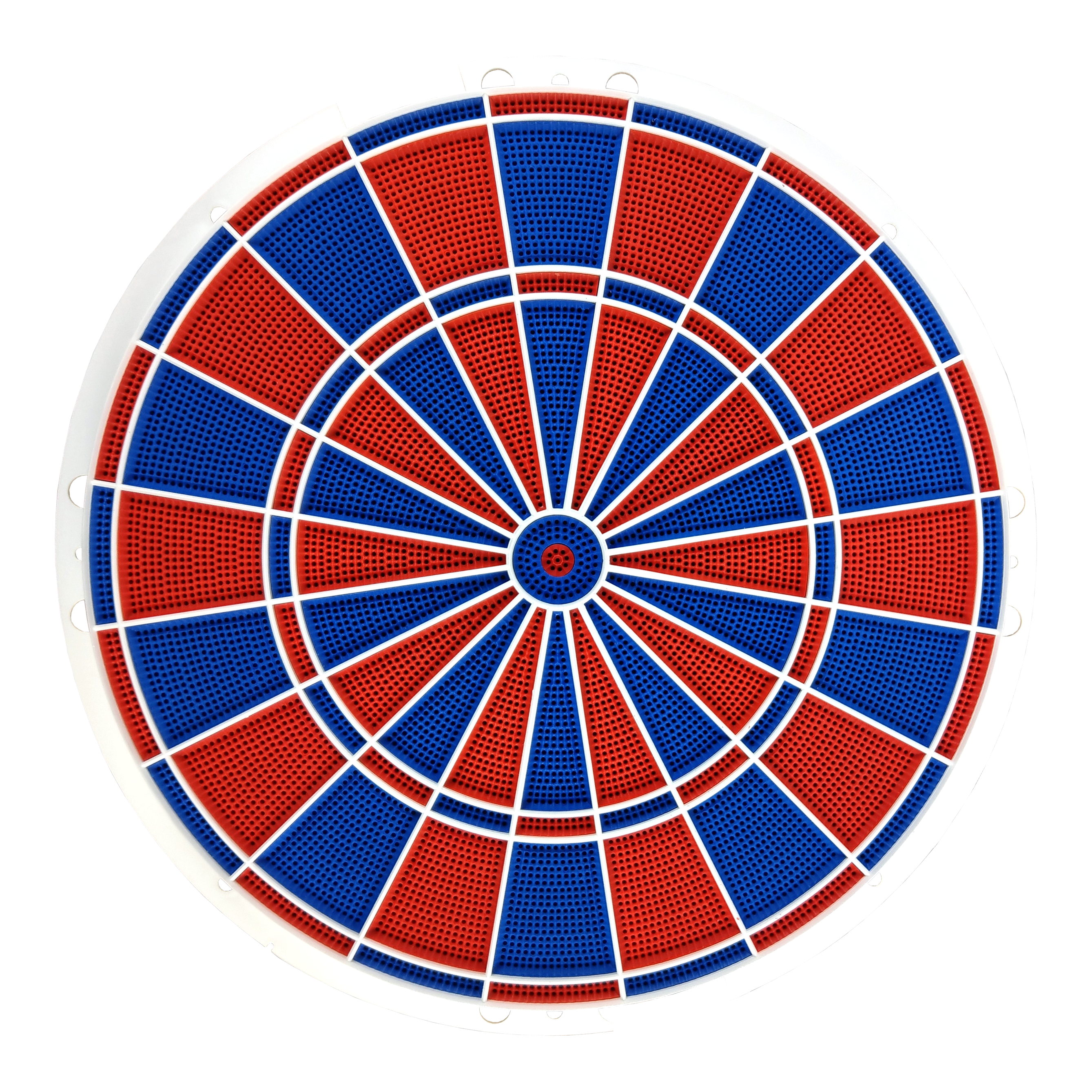 Karella E-Master reserveonderdeel Das Bild zeigt eine runde Dartscheibe mit abwechselnd roten und blauen Segmenten. Die Segmente sind durch weiße Linien getrennt und die Scheibe hat einen weißen Rahmen.