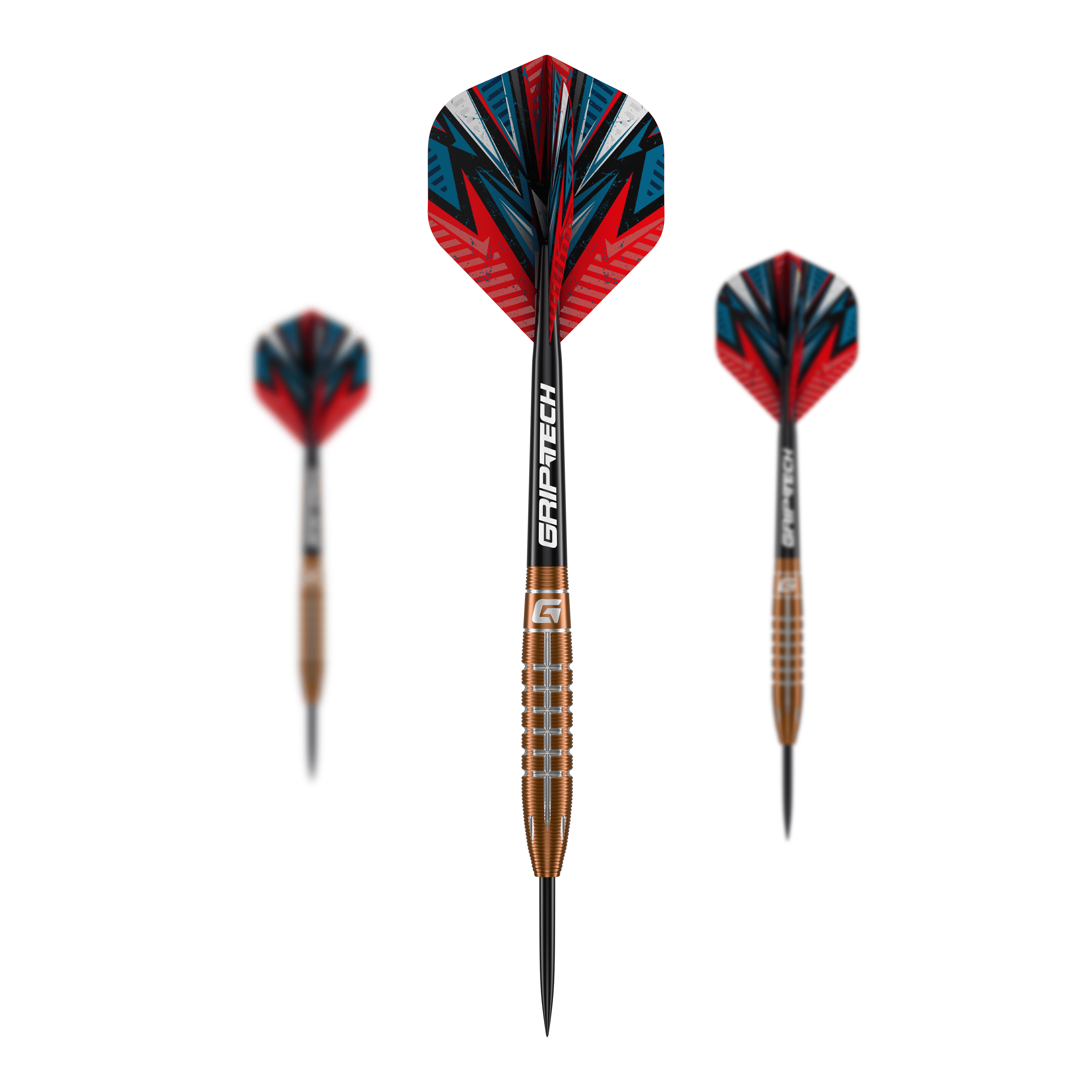 GOAT Quarterback V2 Tungsten Steel Darts - 24g Das Bild zeigt drei GOAT Quarterback V2 Tungsten Steeldarts mit einem Gewicht von 24g. Die Darts haben ein auffälliges, rot-blaues Design und sind mit GRIP-TECH-Schäften ausgestattet.
