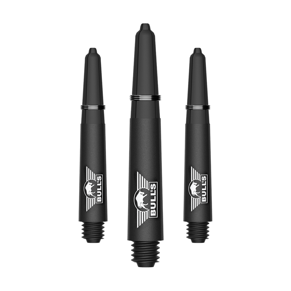 Bulls NL Capo Carbon shafts - Zwart Ein Bild mit dem Dateinamen BU55340_BullsNL_Capo_Carbon_Shafts_Schwarz_Short_34mm_1Set. Es handelt sich vermutlich um ein Set aus kurzen schwarzen Carbon-Shafts für Darts.