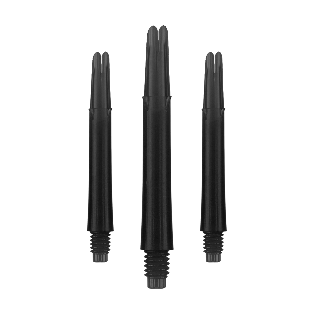L-L-Style-Shafts Locked Straight - Zwart Auf dem Bild sind drei schwarze, gerade Dartshafts ohne Kappen zu sehen. Sie haben ein Gewinde am unteren Ende und sind jeweils 39 mm lang.