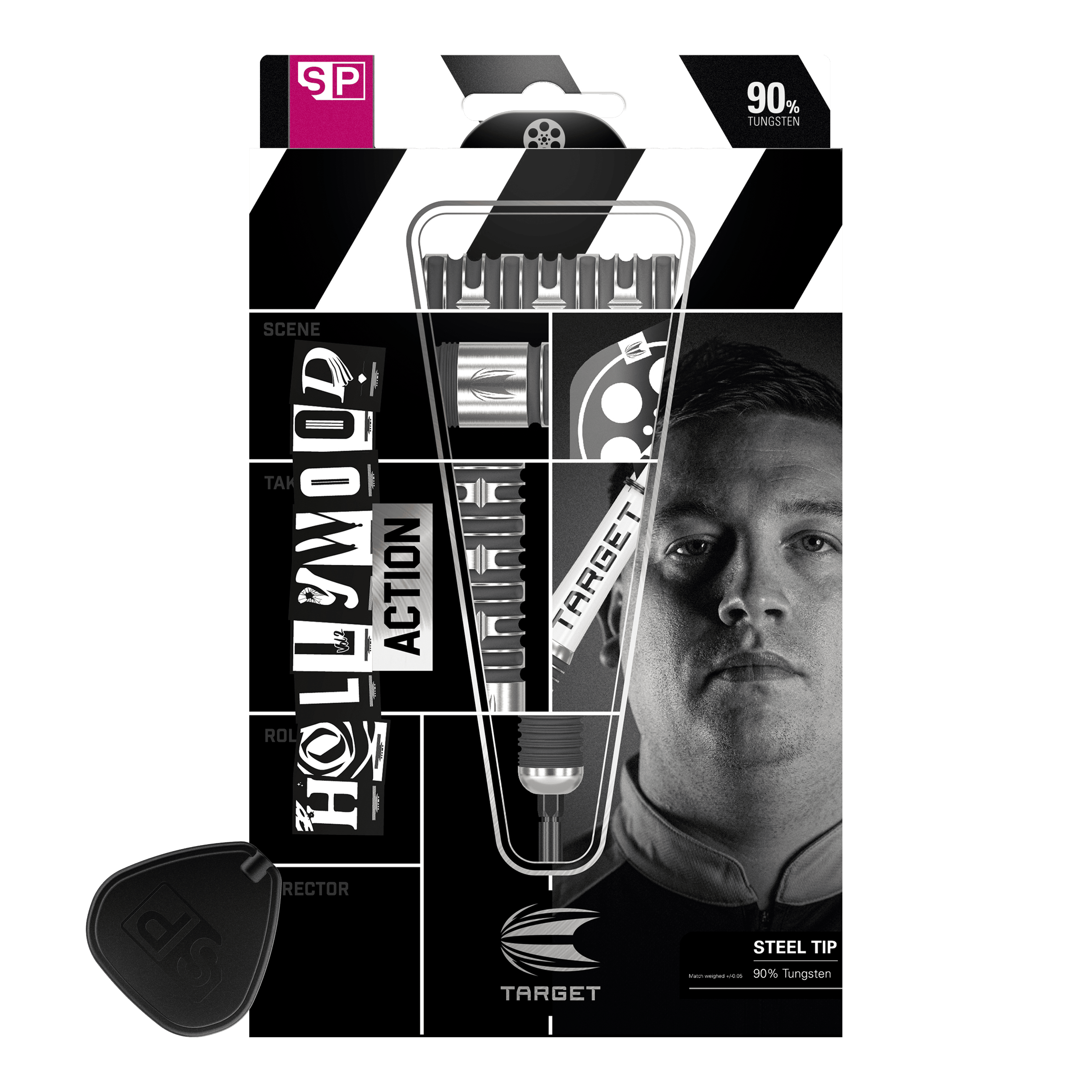 Targetwit Chris Dobey Hollywood Action Swiss Point Steeldarts Die Abbildung zeigt die Verpackung der "Target Chris Dobey Hollywood Action Swiss Point Steeldarts". Auf der Verpackung sind die Darts, der Produktname und ein Porträt einer Person zu sehen.