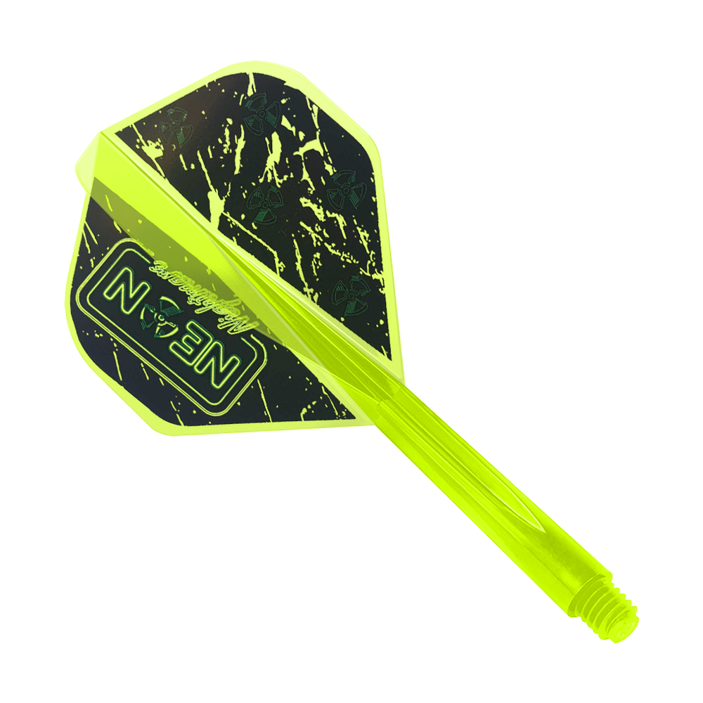 Condor AX Stowe Buntz Neon Nightmare Flight System Geel - Standaard Dieses Bild zeigt das Produkt "Condor AXE Stowe Buntz Neon Nightmare Flight-System Gelb - Standard". Es handelt sich um ein neon-gelbes Dart-Flight-System mit schwarzem und gelbem Muster.