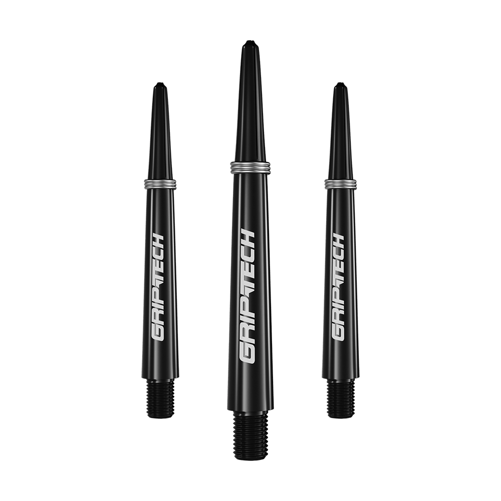 GOAT Griptech Shafts - Zwart Das Bild zeigt drei schwarze Dart-Schäfte mit der Aufschrift "GRIPTECH" in weißer Farbe. Sie sind schlank geformt und haben silberne Ringe am oberen Ende.