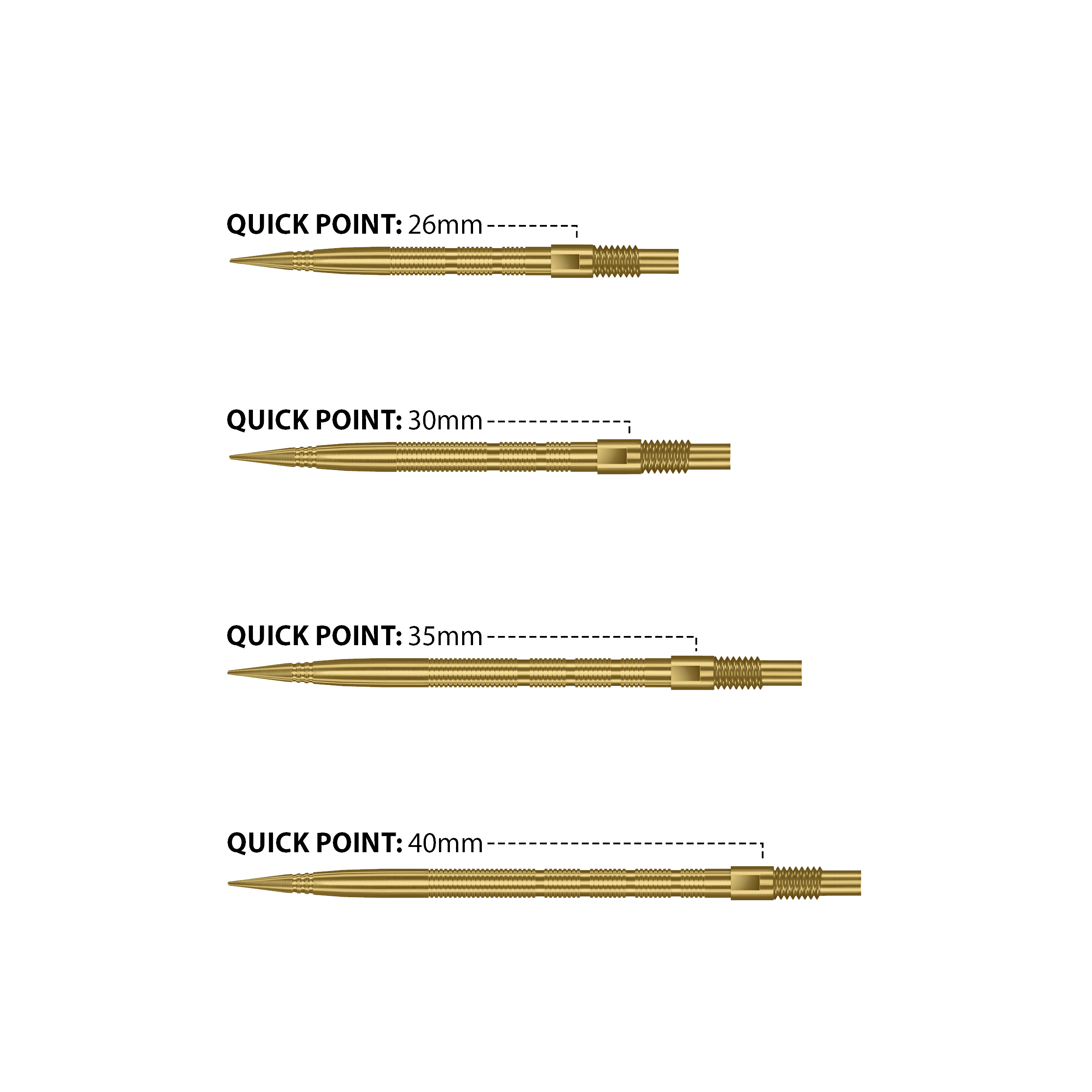 Harrows Quick Point Micro Ridge Dart Tips - Goud Das Bild zeigt Harrows Quick Point Micro Ridge Dartspitzen in Gold. Die goldene Farbe verleiht ihnen ein auffälliges Aussehen.