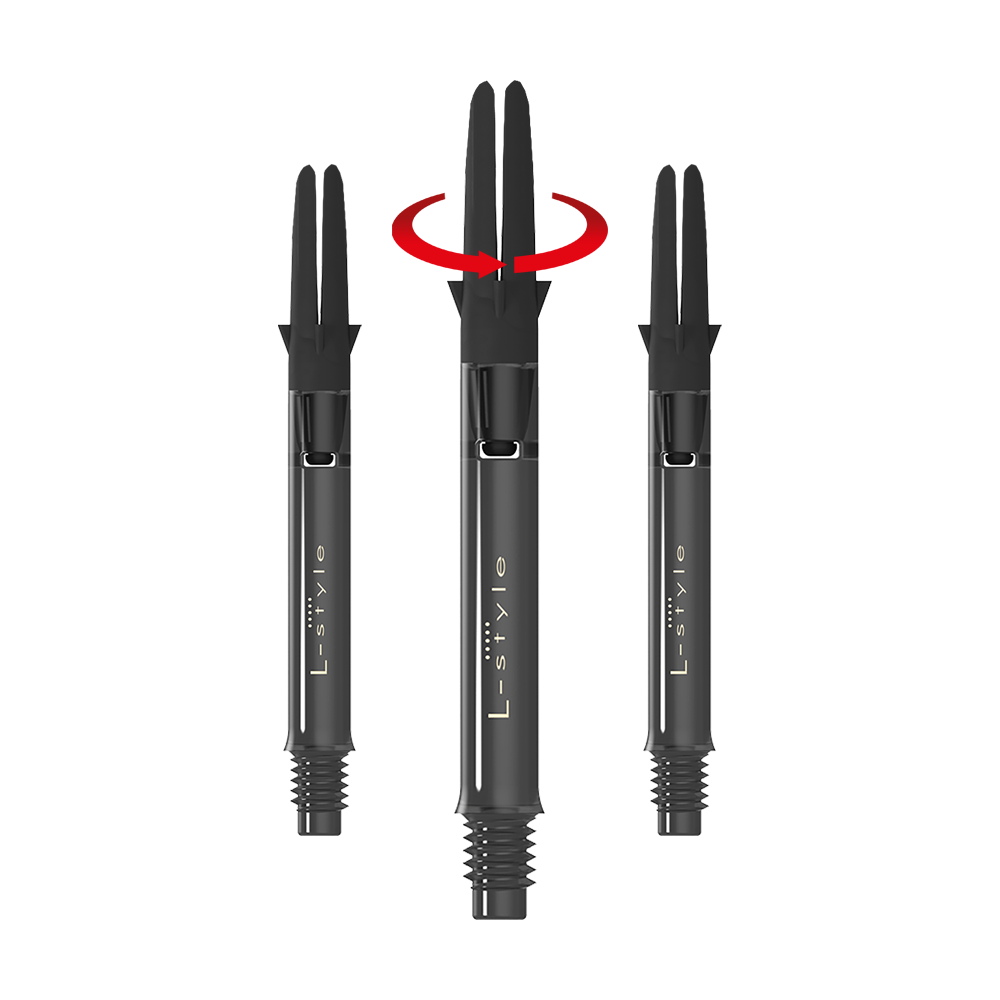 L-L-Style-Shaft Carbon Silent Straight - Zwart Das Bild zeigt drei schwarze Dart-Schäfte der Marke L-Style in einer geraden Anordnung. Über dem mittleren Schaft befindet sich ein roter Pfeil, der eine Drehbewegung anzeigt.