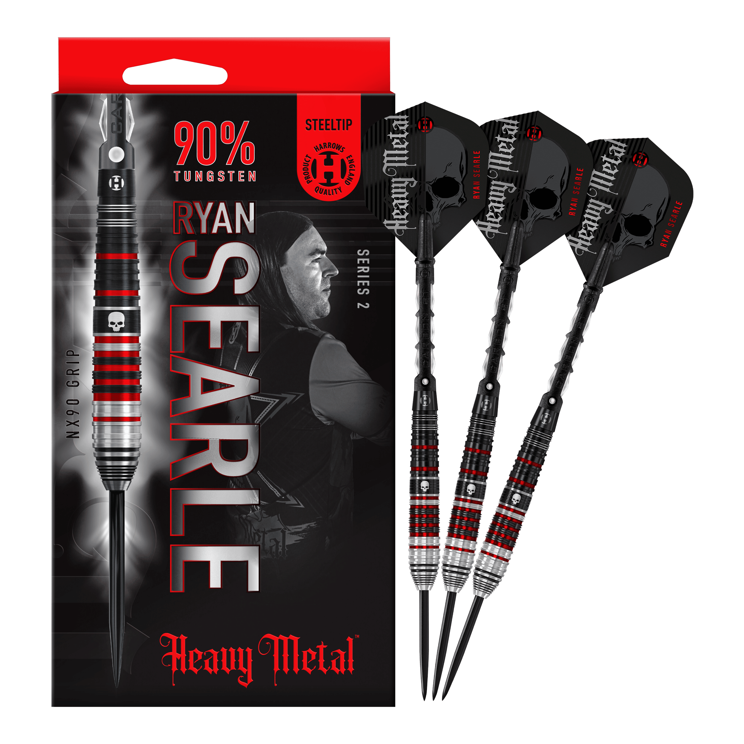 Das Bild zeigt die "Harrows Ryan Searle Heavy Metal Series 2 Steeldarts" mit 90% Tungsten-Gehalt. Neben der Verpackung sind drei schwarze und rot-silberne Steeldarts abgebildet.