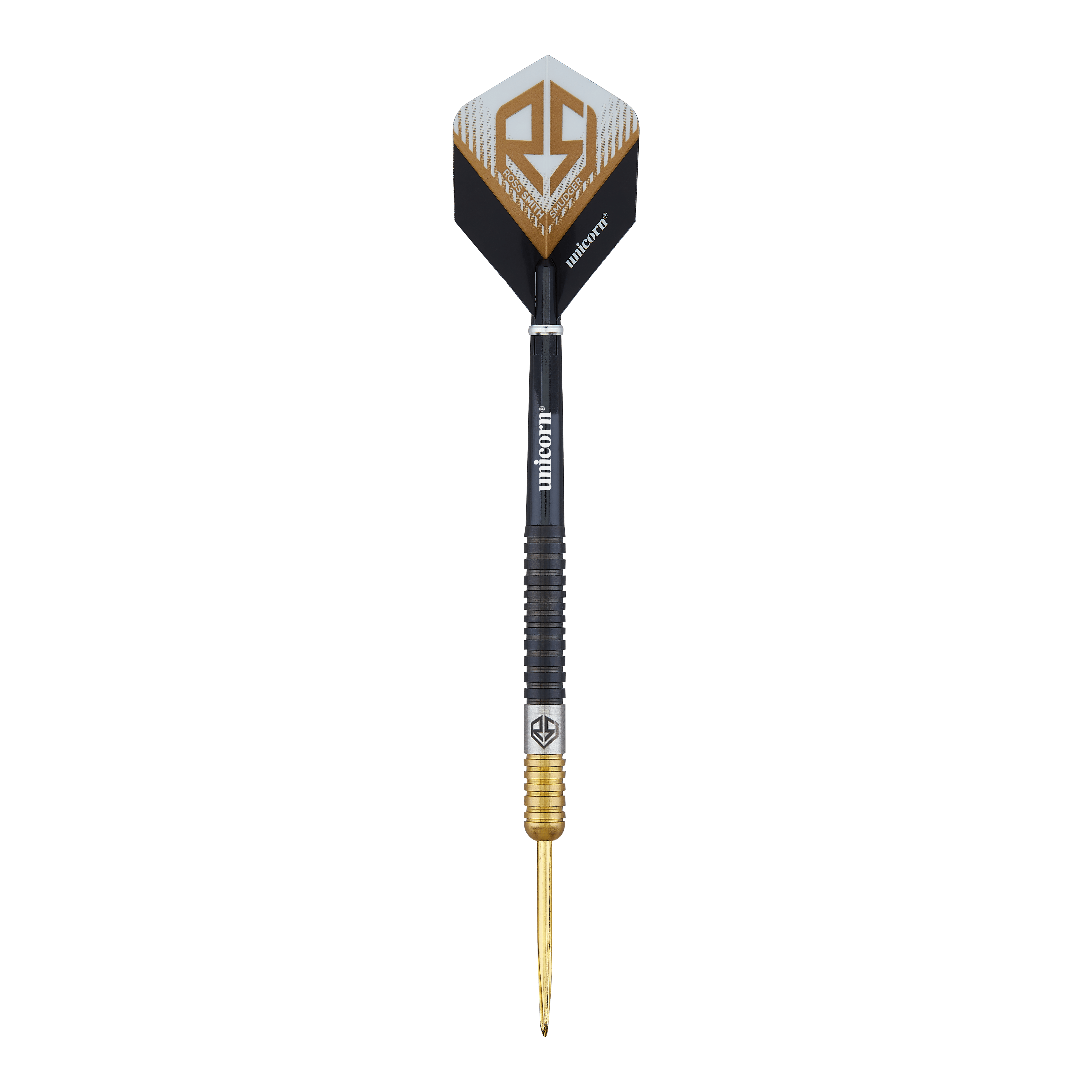 Unicorn Ross Smith Two-Tone Steel Darts Das Bild zeigt einen Steeldart namens "Unicorn Ross Smith Two-Tone". Der Dartpfeil hat ein schwarz-goldenes Design und das Unicorn-Logo auf den Flights.