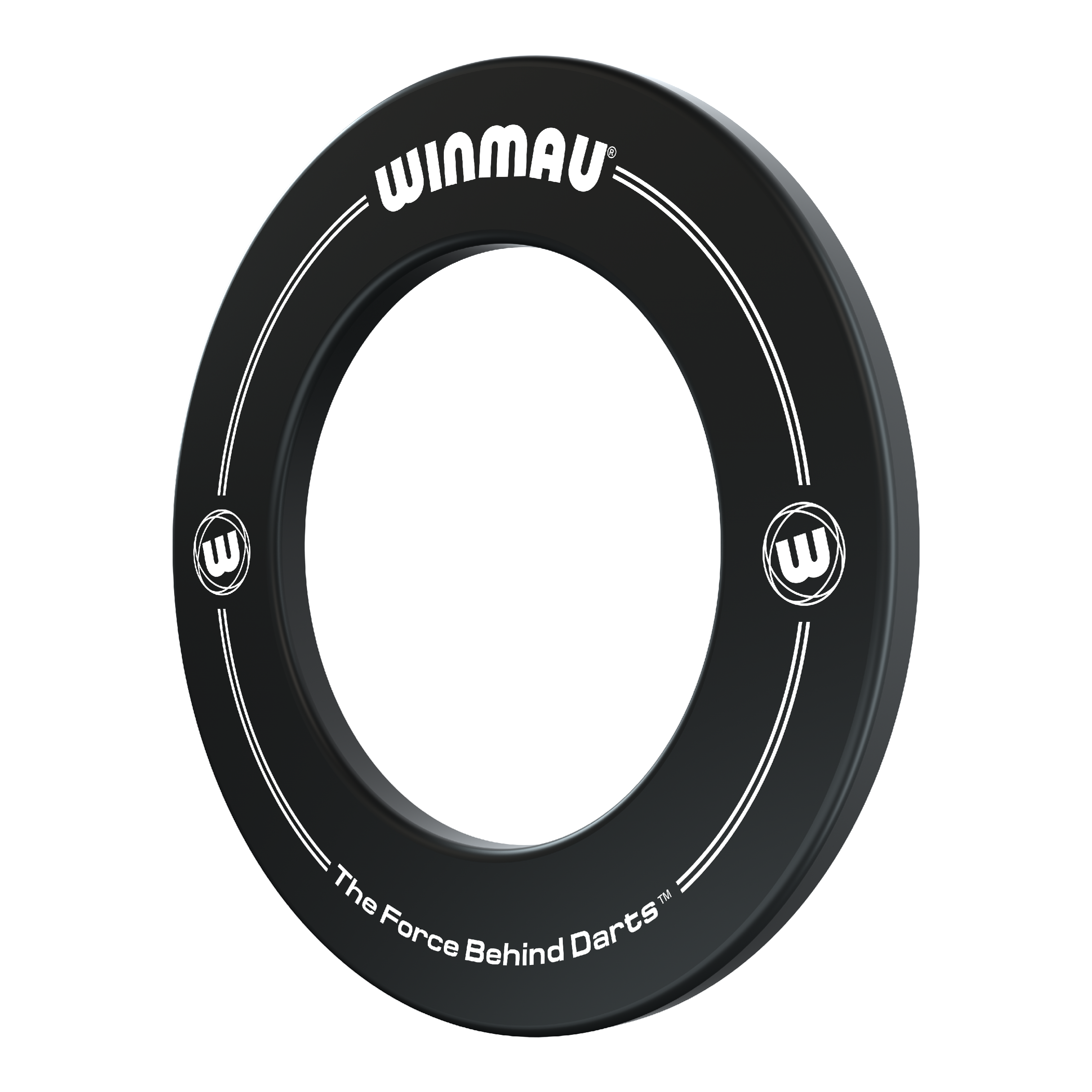 Winmau Dartboard Surround Dies ist ein schwarzer Dartboard-Surround der Marke Winmau. Auf dem Ring steht "The Force Behind Darts" sowie das Winmau-Logo.