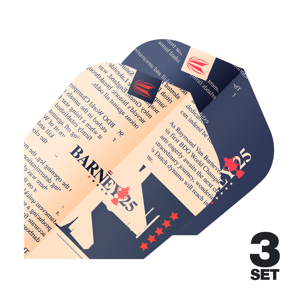 Target ProUltra Raymond Van Barneveld Barney25 Ten-X-vluchten Das Bild zeigt drei Dart-Flights mit dem Aufdruck "BARNEY25" und einem speziellen Design. Unten rechts steht "3 Set" als Hinweis auf die Anzahl der Sets.
