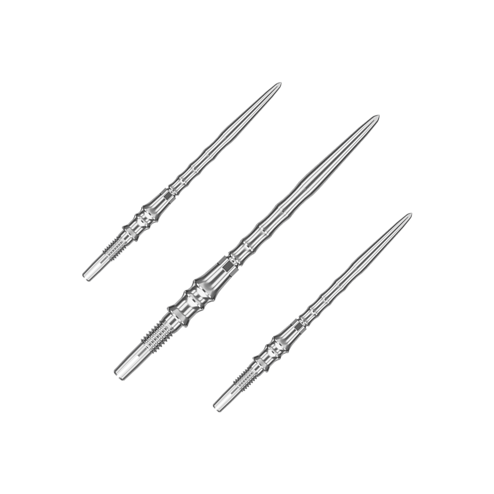 Target Japan Premium Swiss Point Dart Tips - Zilver Das Bild zeigt ein Set silberner SwissPoint-Dartspitzen mit 35 mm Länge. Diese Dartspitzen stammen aus der Target Japan Premium Kollektion.