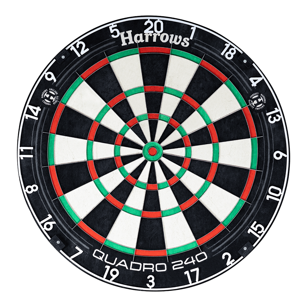 Harrows Quadro 240 stalen dartbord Harrows Quadro 240 Steeldartboard ist auf dem Bild zu sehen. Die Segmente und Zahlen sind klar abgebildet.